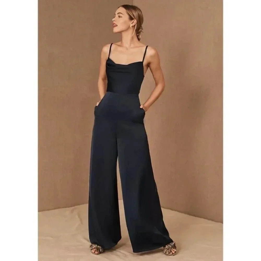 NWT Fame & Partners Thais Formal Wide-Leg Jumpsuit Navy Blue Womens Size 8